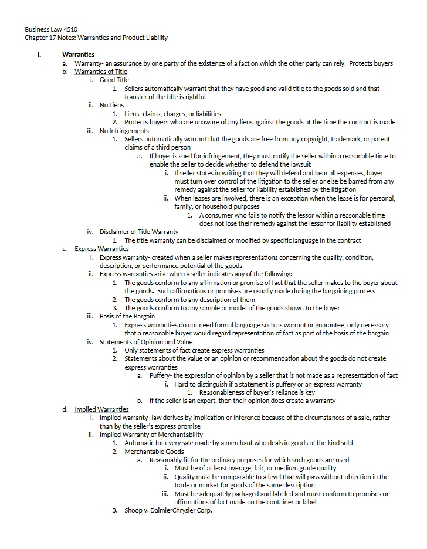 Product Liability and Warranty Notes