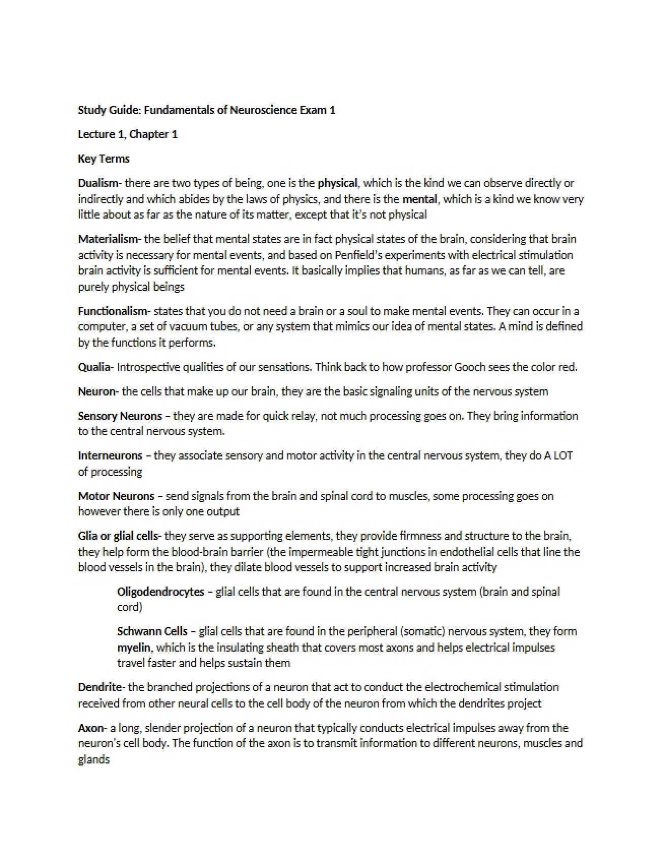 First Exam Study Guide for Fundamentals of Neuroscience