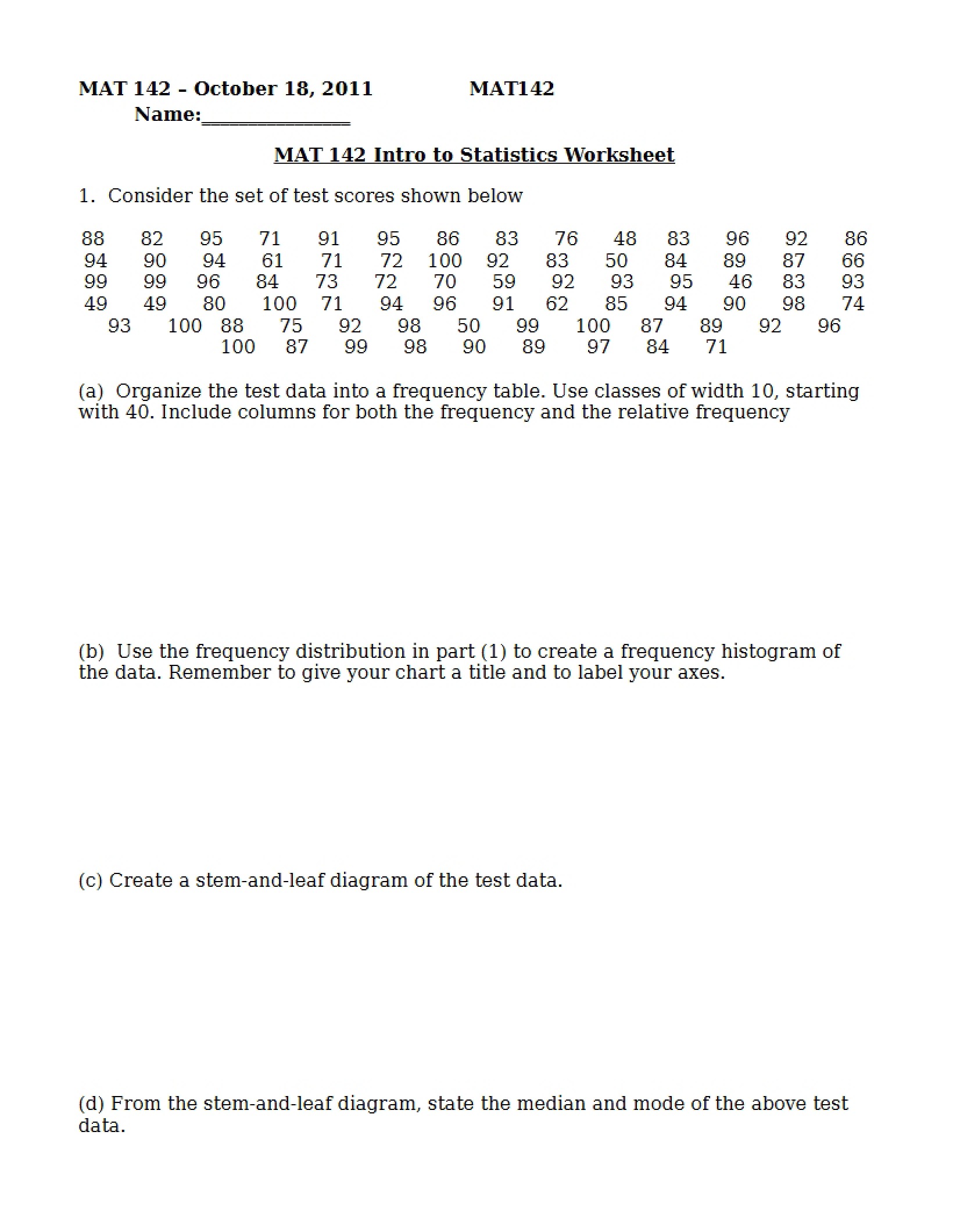 Worksheet Statistics Introduction