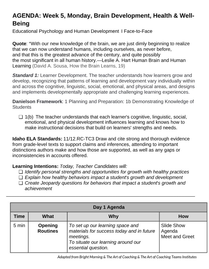 Week 5 Agenda - Brain Development, Health and Well-Being