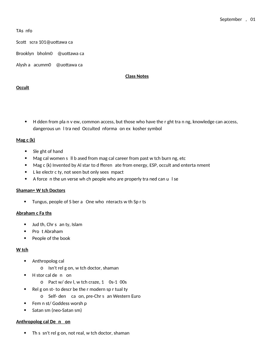Class Notes - Occult, Witchcraft, and Religion