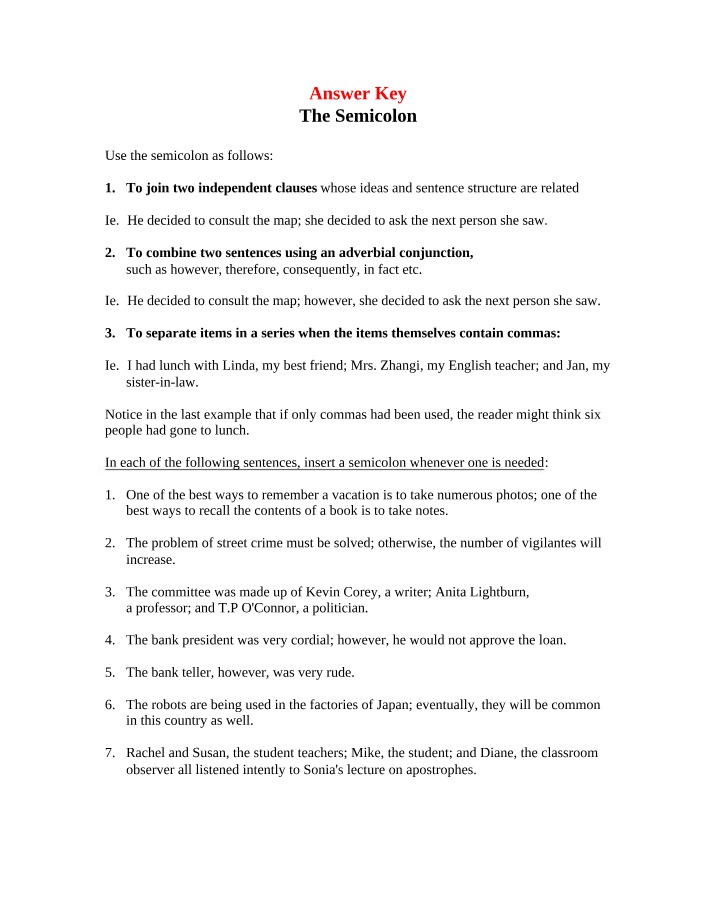Answer Key for Colon & Semicolon