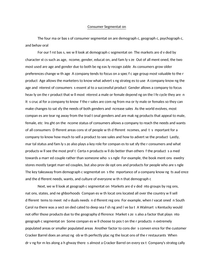 Segmentation of Consumers