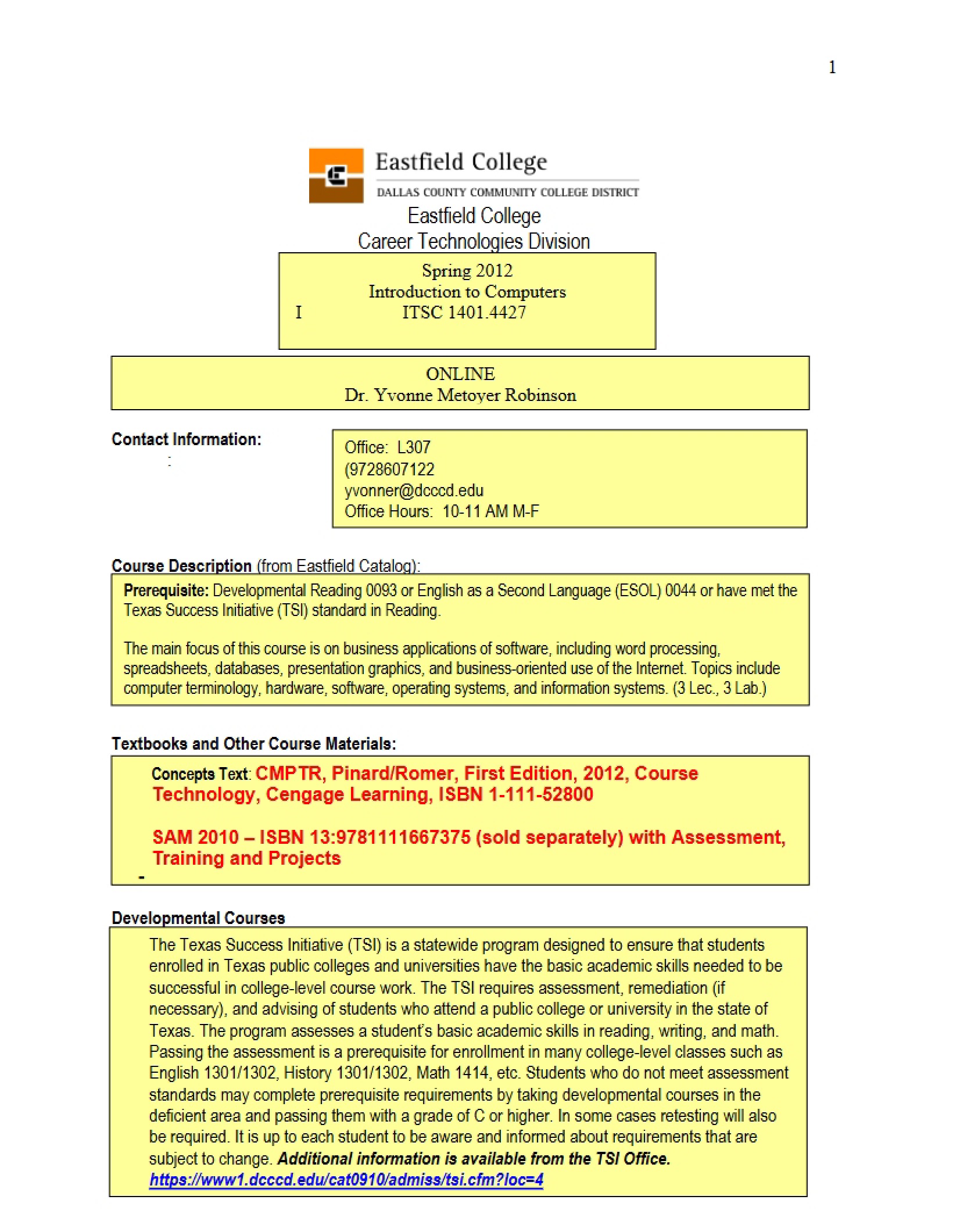 Course Syllabus for Introduction to Computers - ITSC 1401