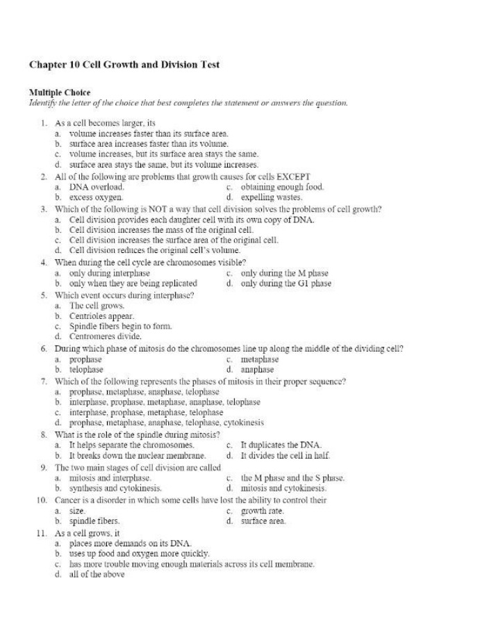 Cell Growth and Division Test - Chapter 10