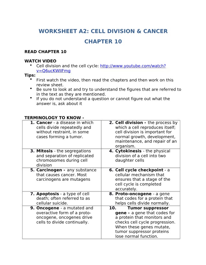 Cell Division and Cancer Worksheet - Chapter 10