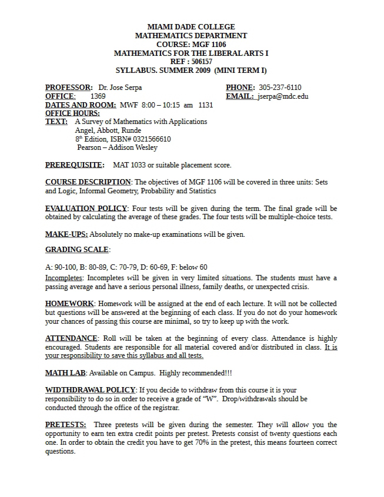 Math For Liberal Arts 1 Syllabus - MGF 1106