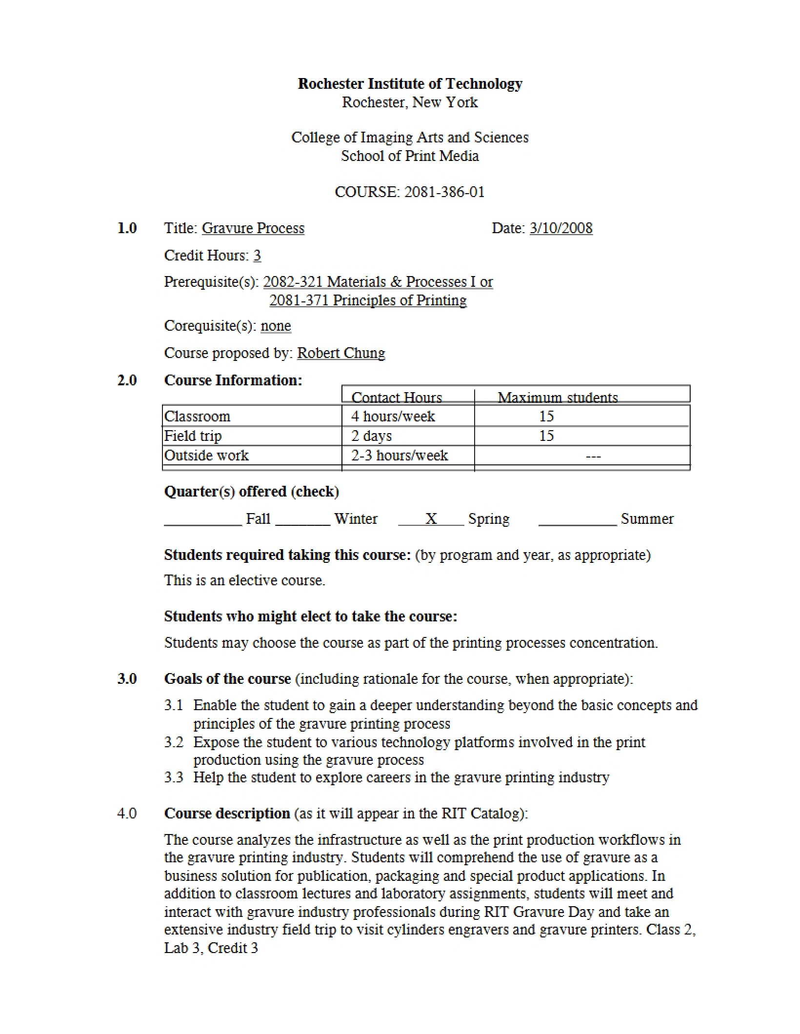 Gravure Process Course Information