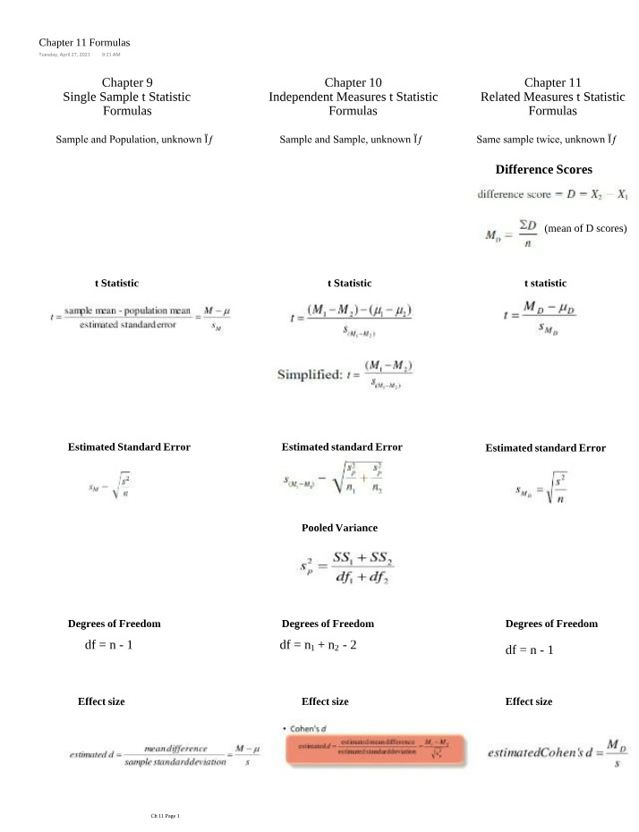 Chapter 11 - t Statistic, Single, and Related Measures Formulas