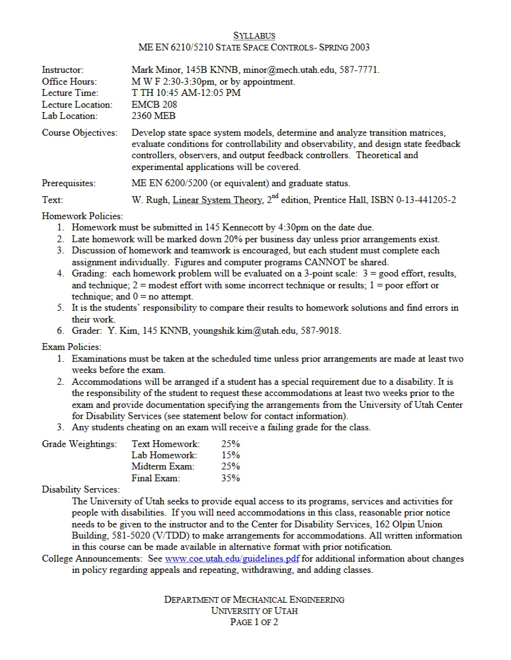 Syllabus for State Space Controls