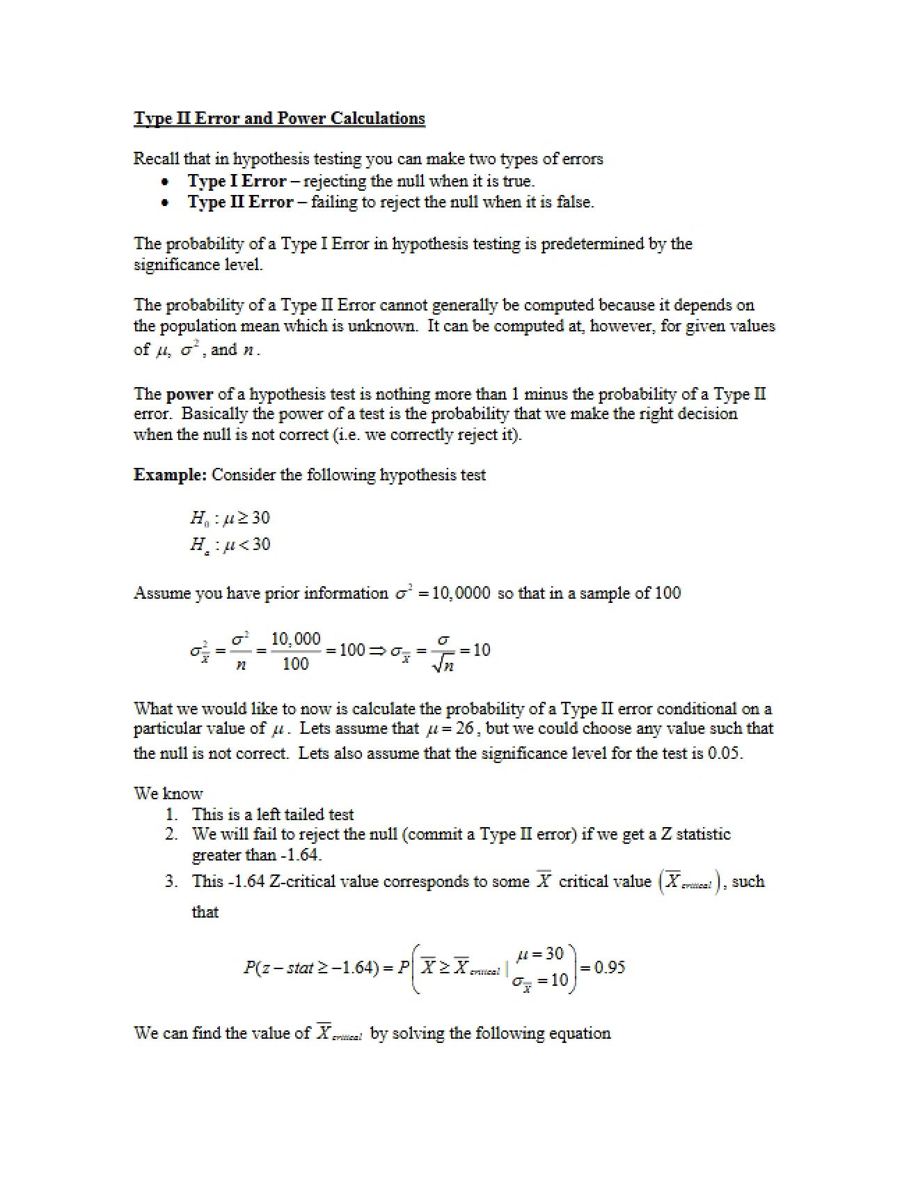Power Calculations and Type II Error - PA 818