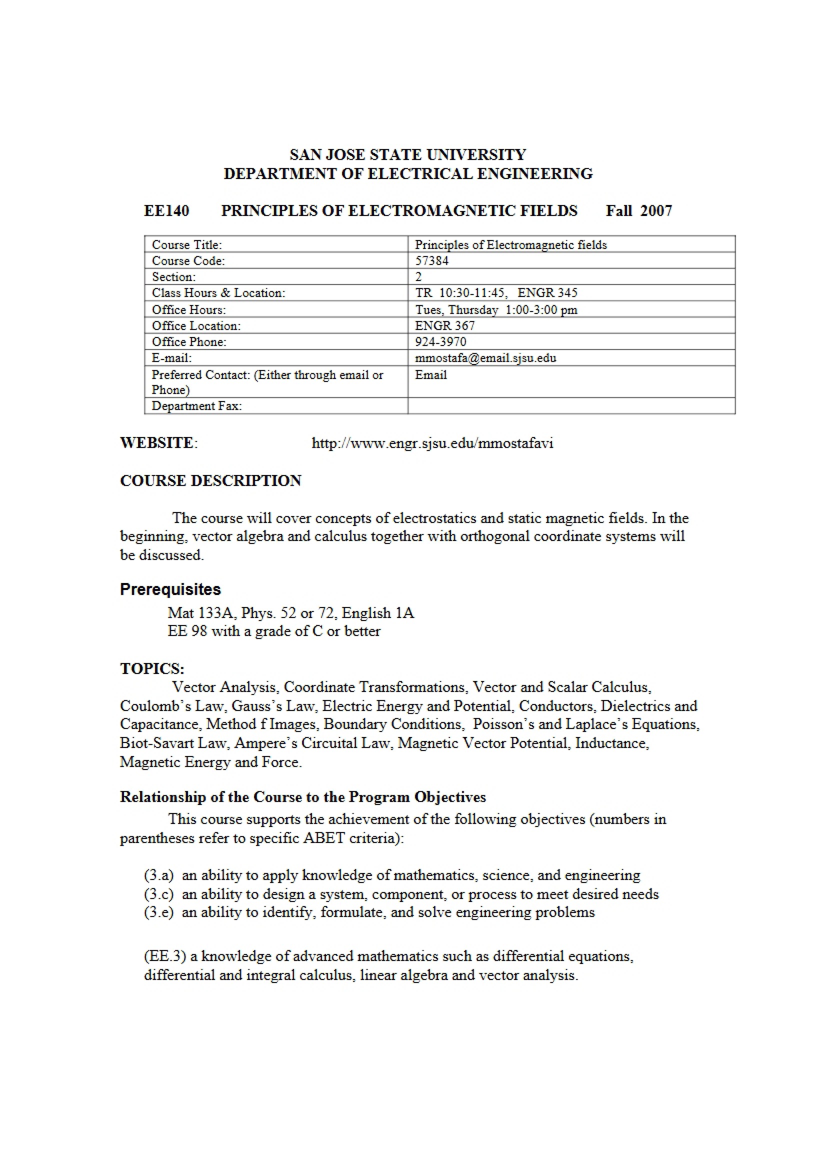 EE 140 Class Outline