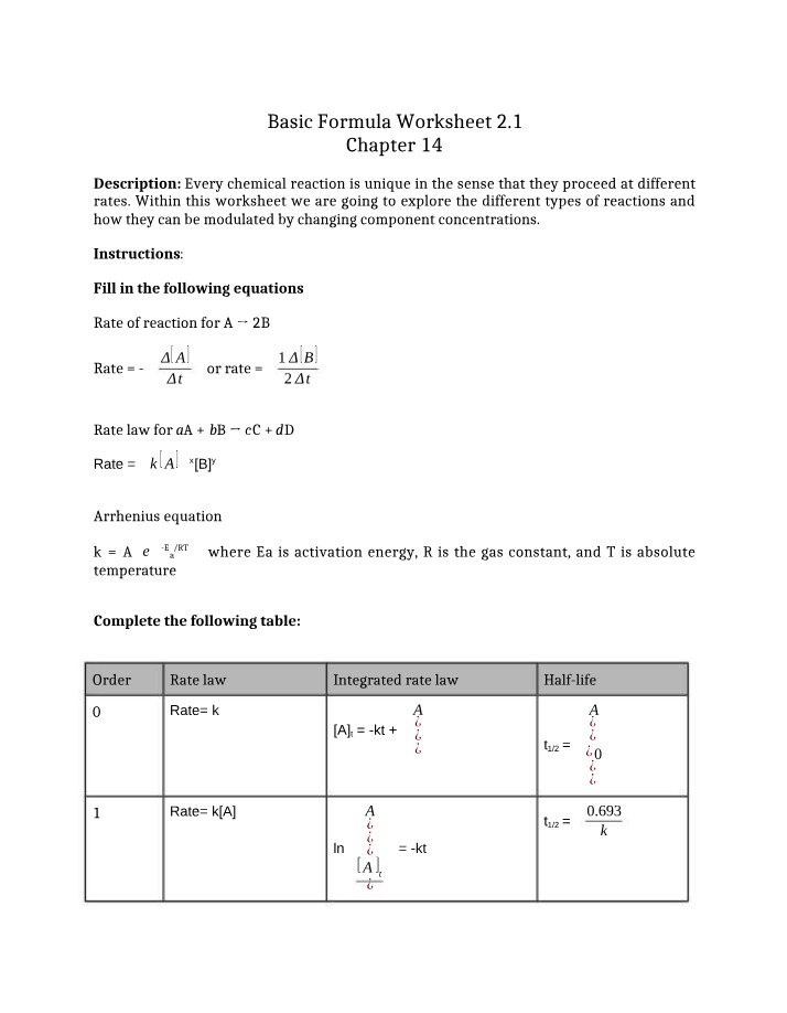 Worksheet 2.1 for Basic Formulas