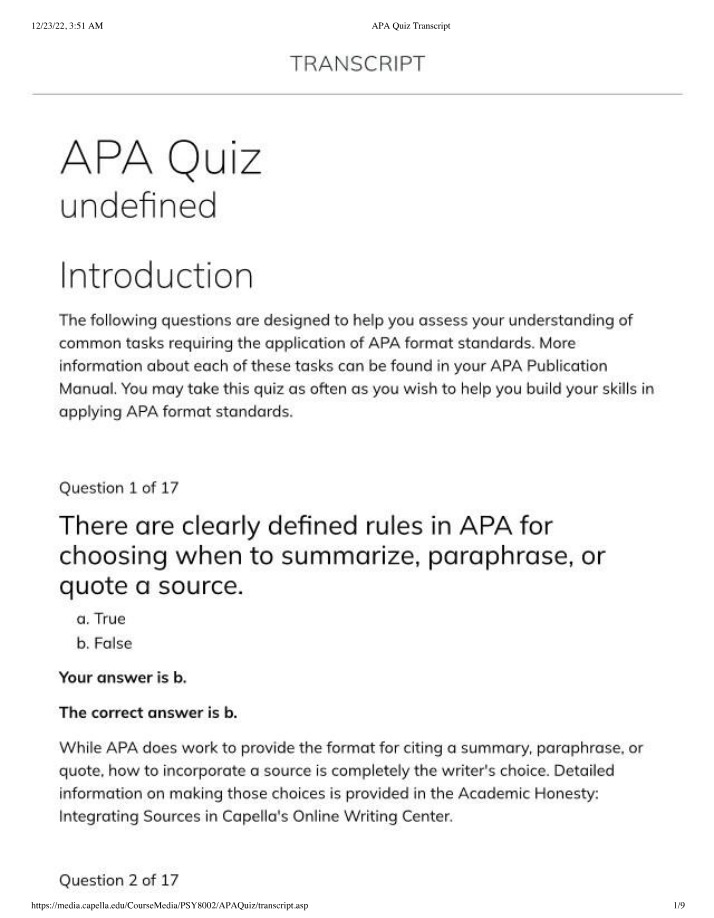 Transcript of APA Format Standards Quiz