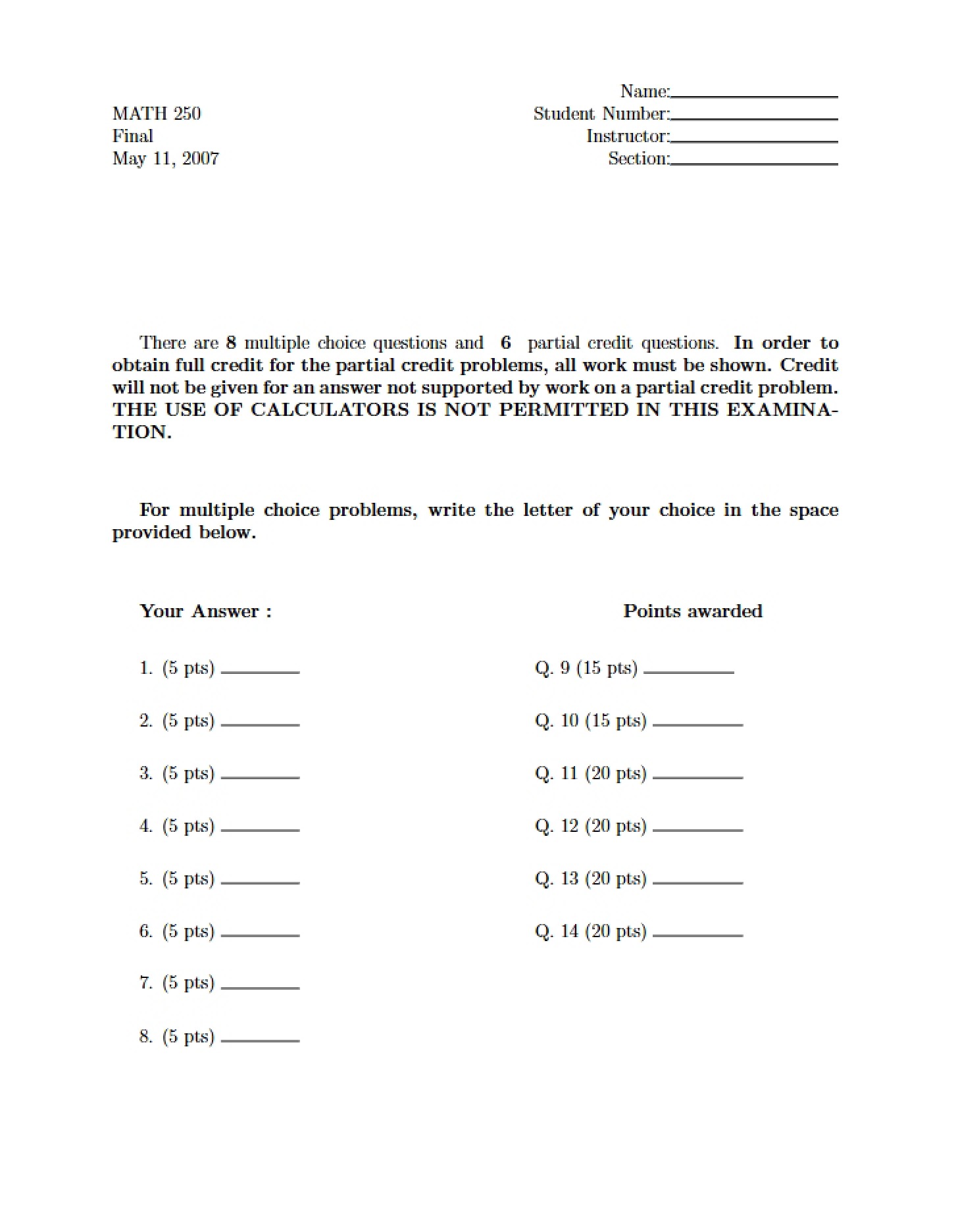 Final Assessment Math 250 - 10 Pages