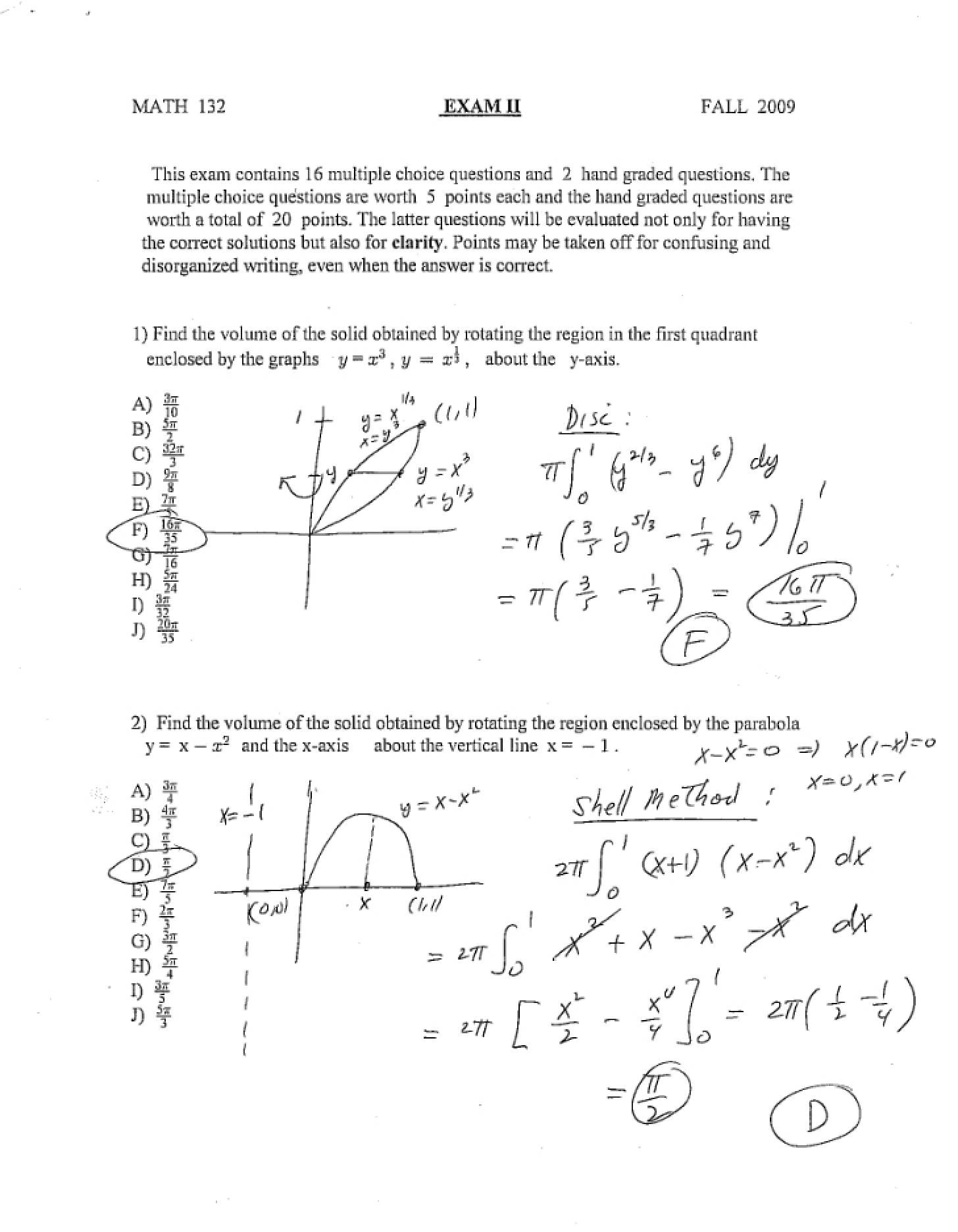 Solutions for Exam 2 (Fall 2009)