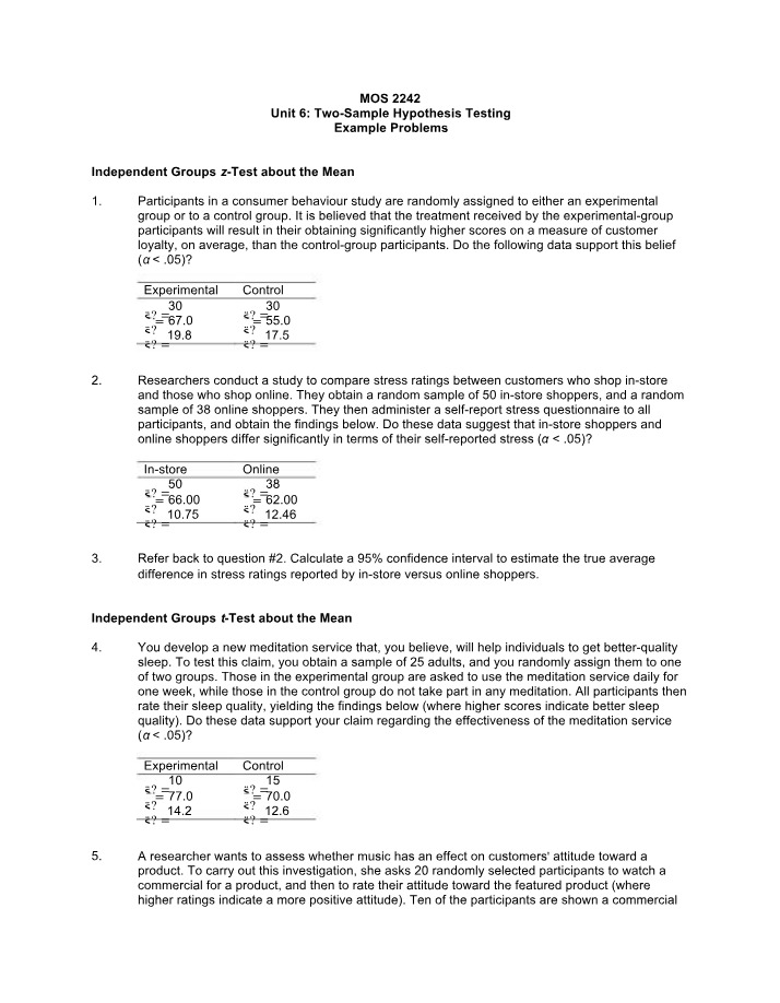 Example Problems - Two-Sample Hypothesis Testing
