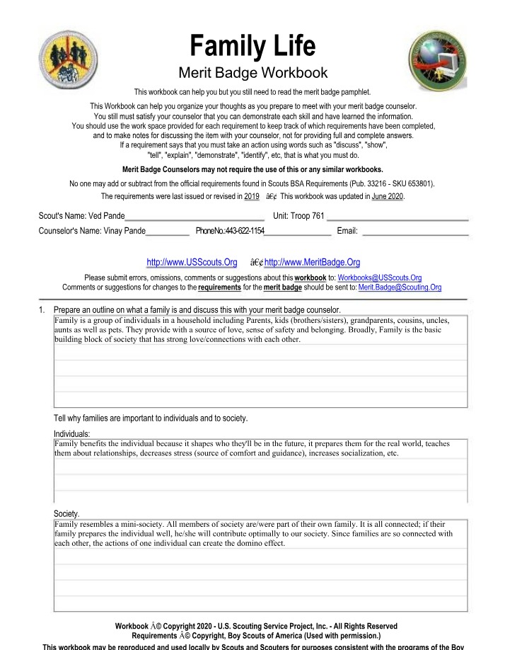 Workbook for Family Life Merit Badge