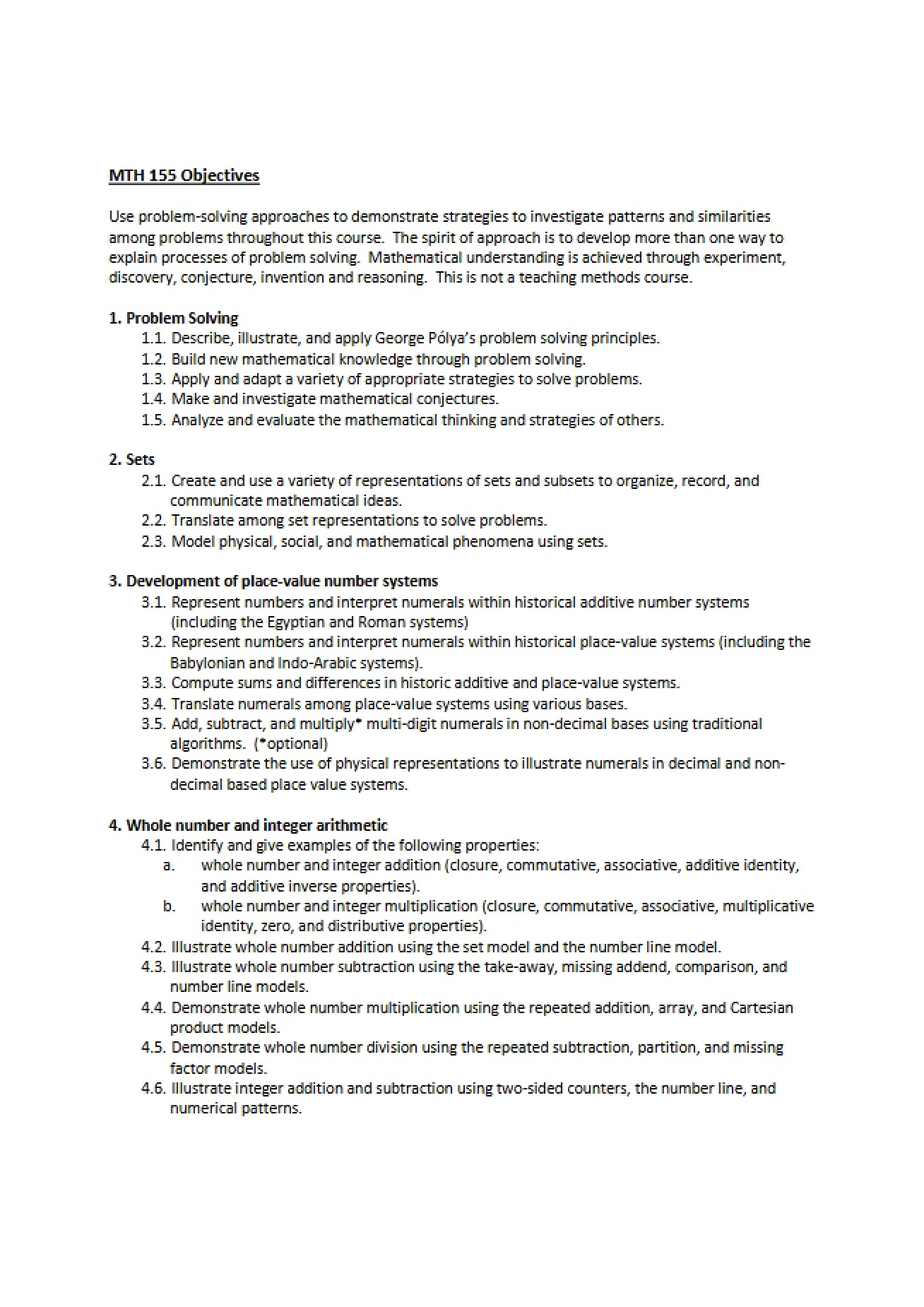Objectives for MTH 155