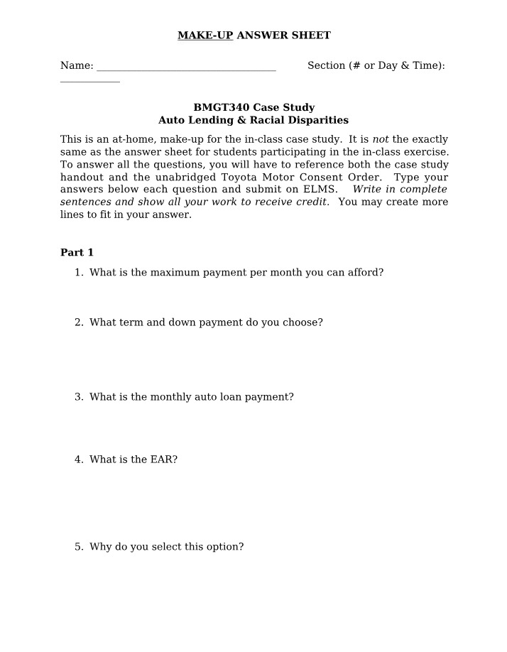 BMGT340 Answer Sheet - Auto Lending & Racial Disparities Case Study