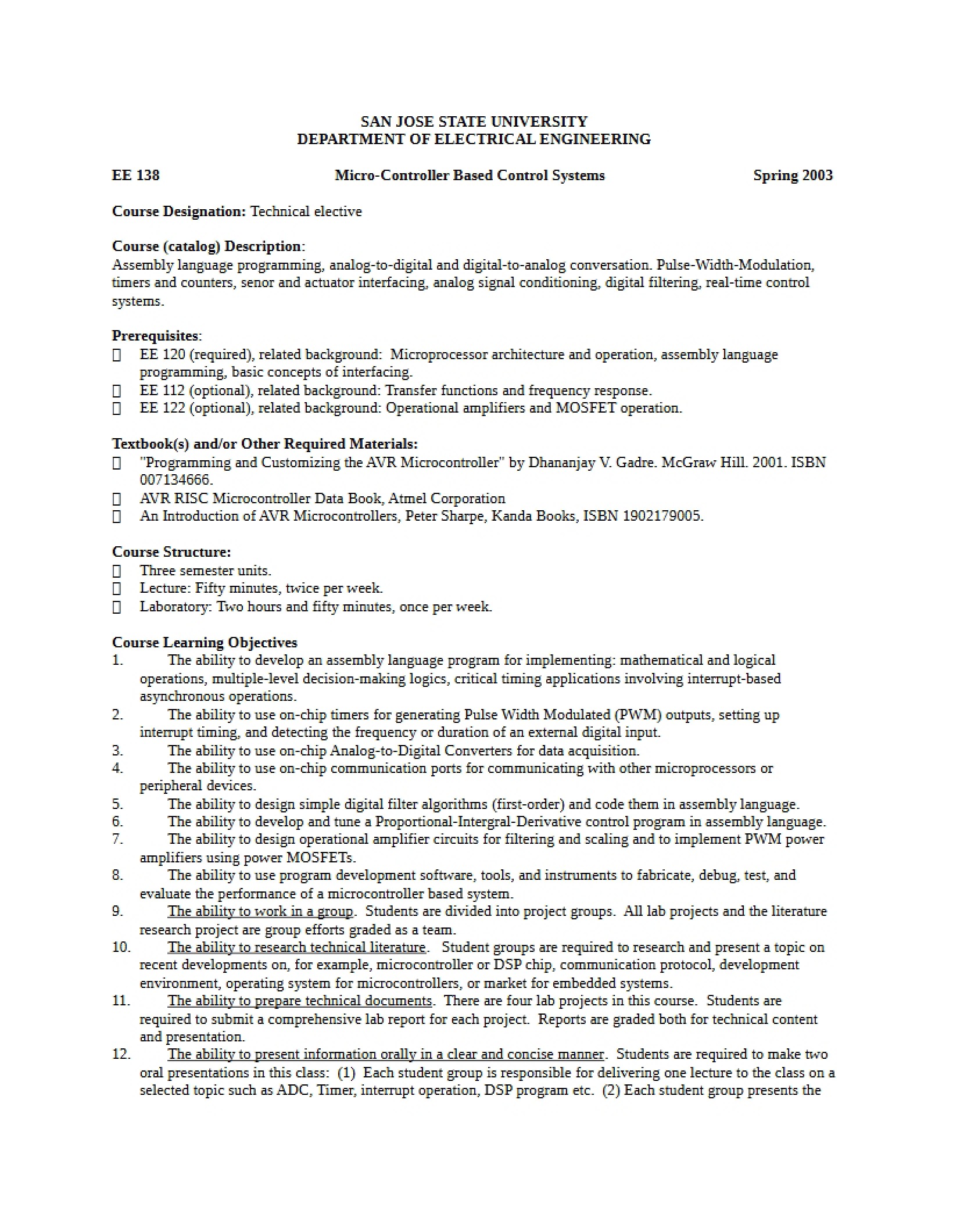 Embedded Control System Design Syllabus