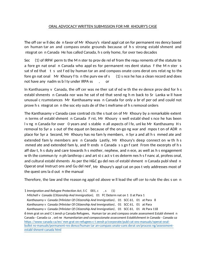 Mr. Khoury's Case - Oral Advocacy Written Submission