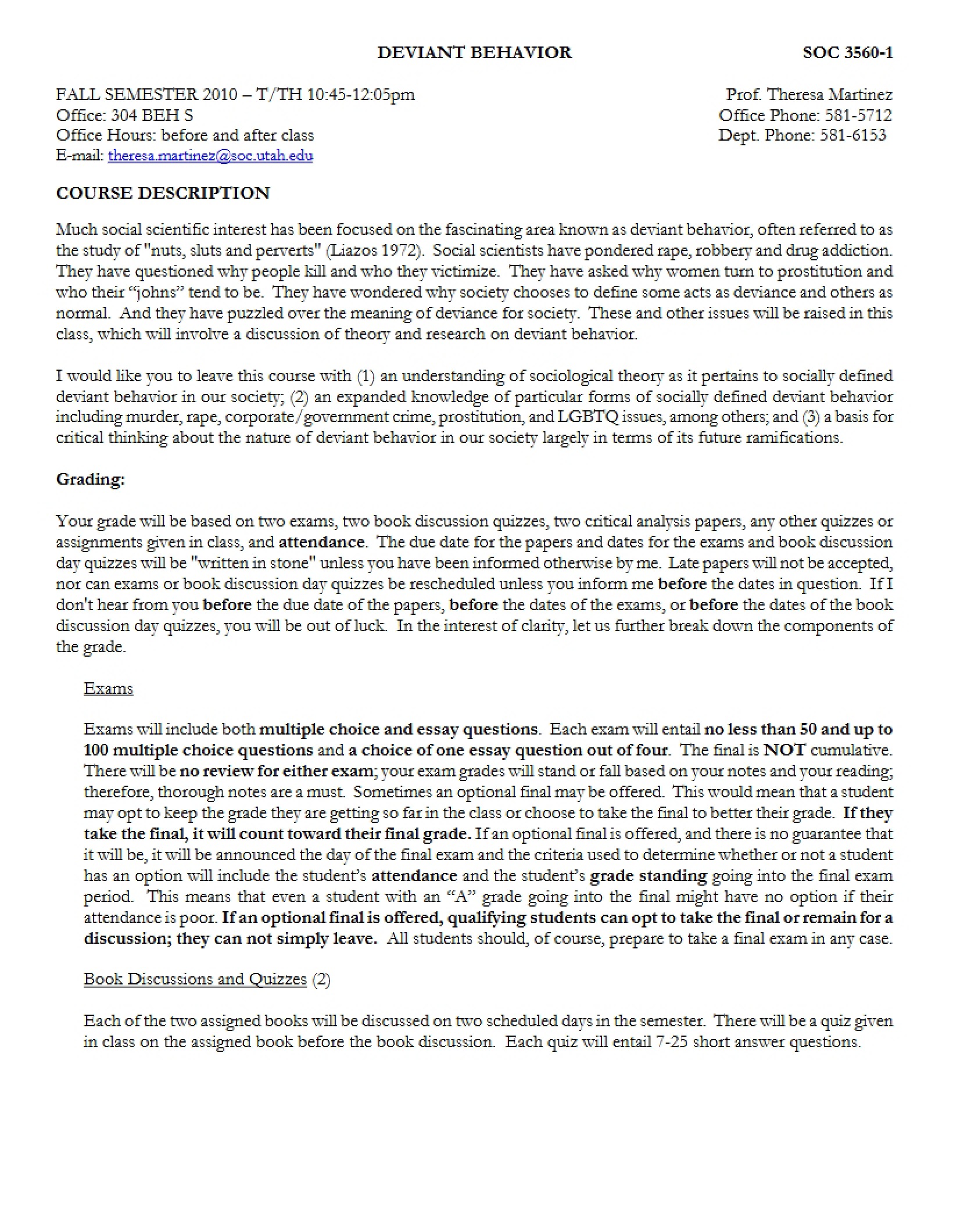Syllabus Deviant Behavior and Social Control