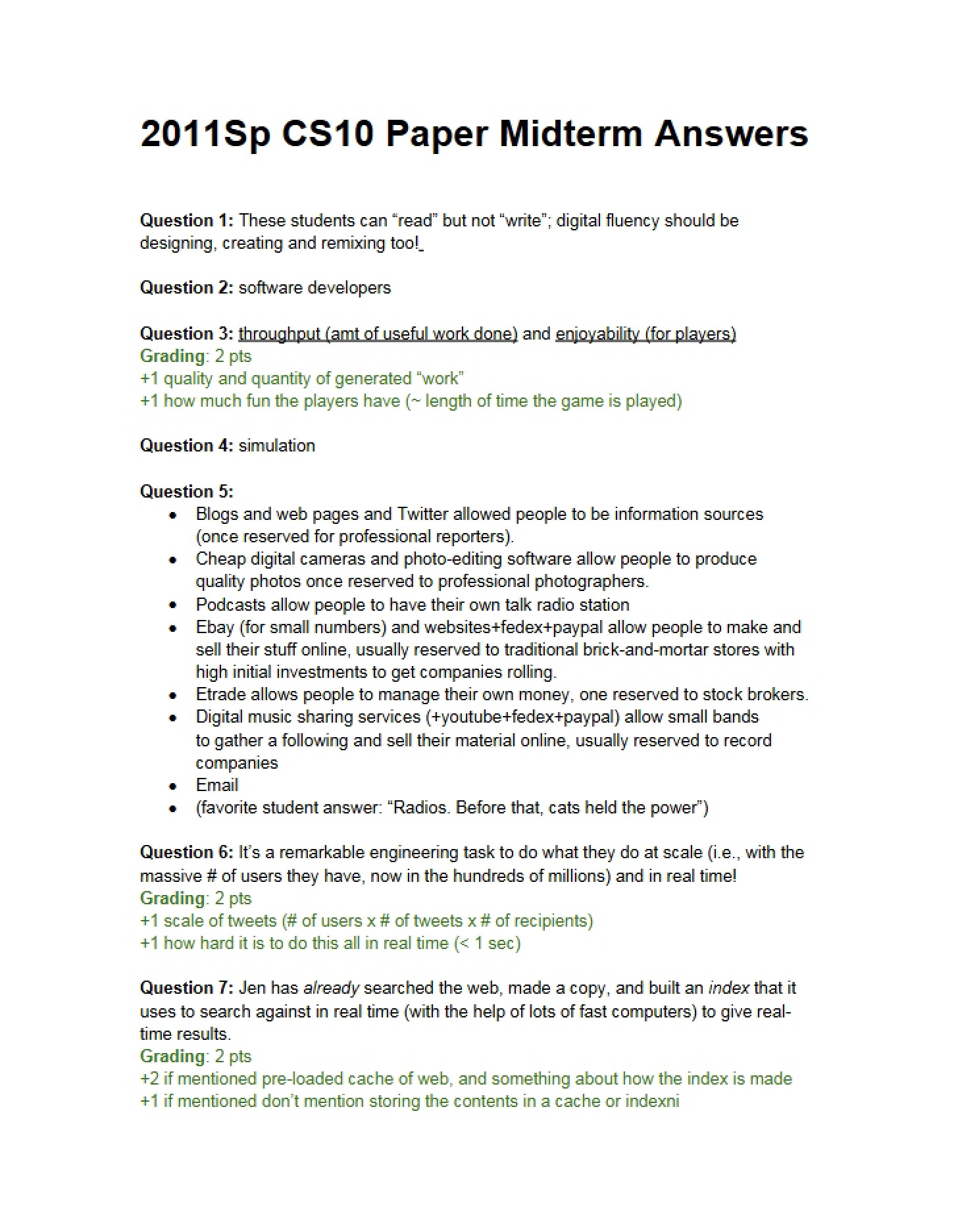 Answers for Paper Midterm (Spring 2011)