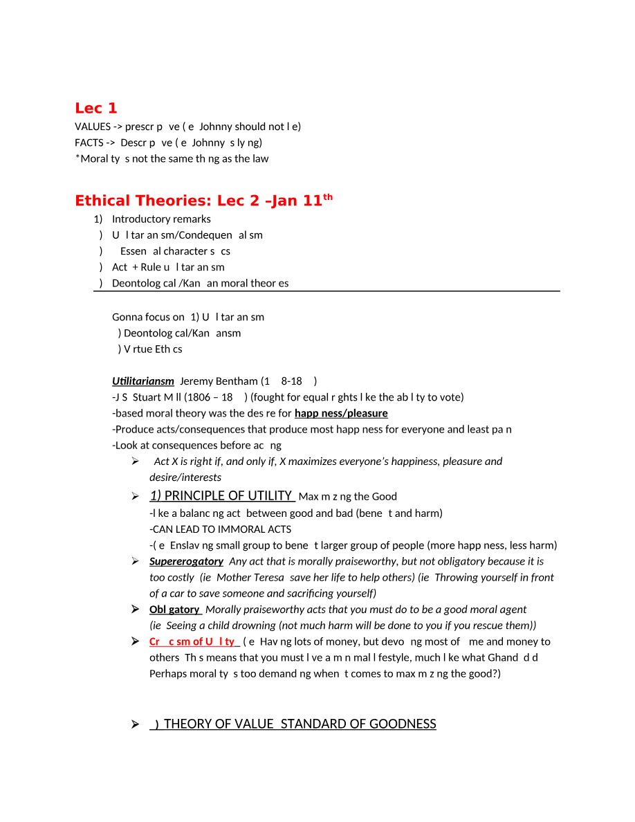 Lecture Notes for Ethical Theories