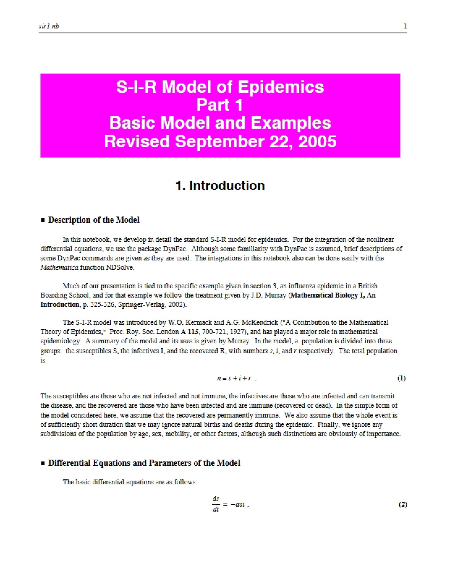 Epidemic SIR Model Part 1