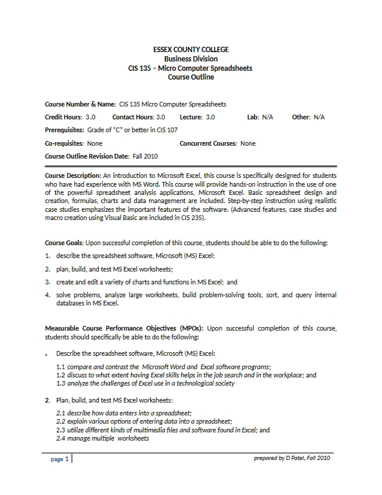 Micro Computer Spreadsheets Syllabus