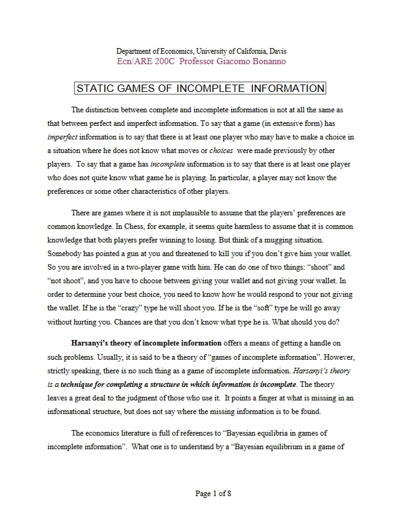Incomplete Information in Static Games