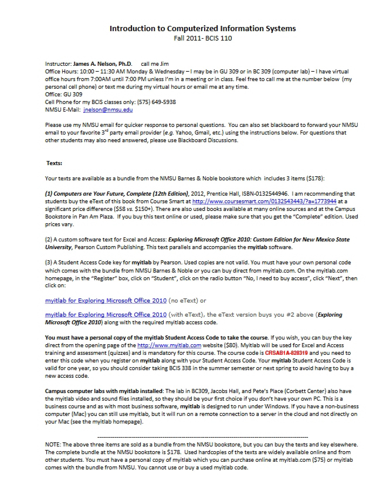 Course Syllabus for Business Computer Information Systems