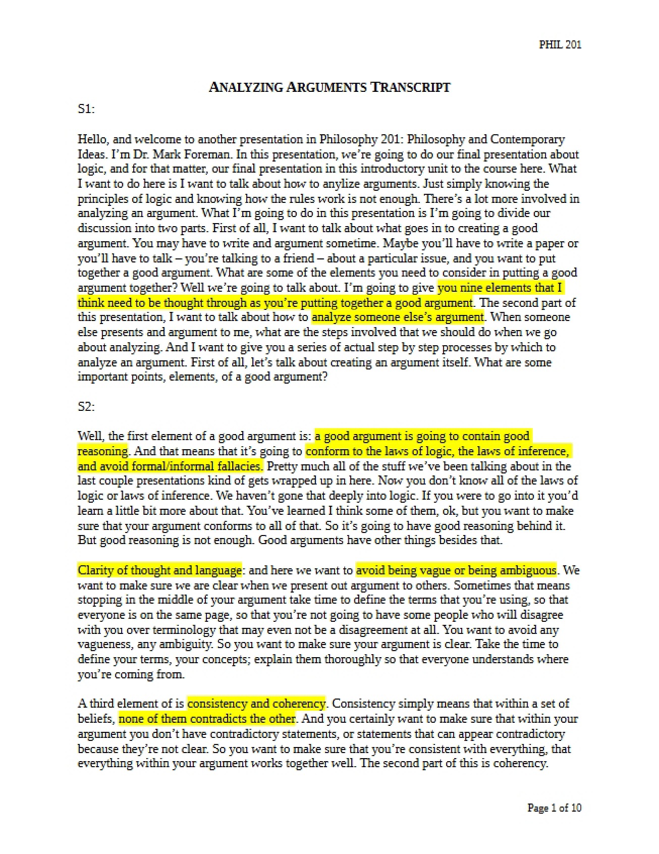 Transcript on Analyzing Arguments in Philosophy