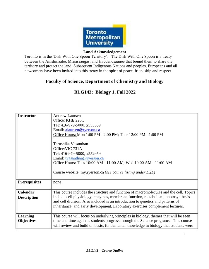 BLG143 Biology 1 Course Outline (Fall 2022)