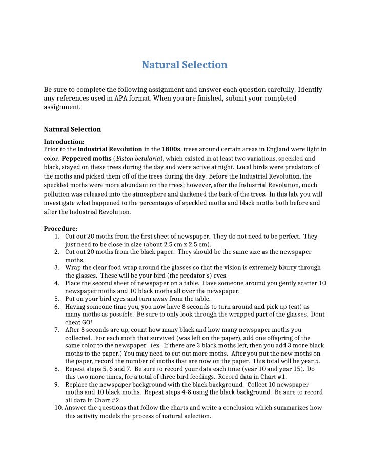 Moth Lab - Natural Selection and the Industrial Revolution