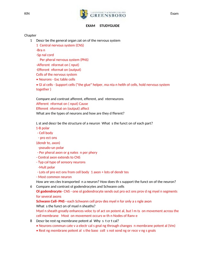 Nervous System Study Guide for Exam