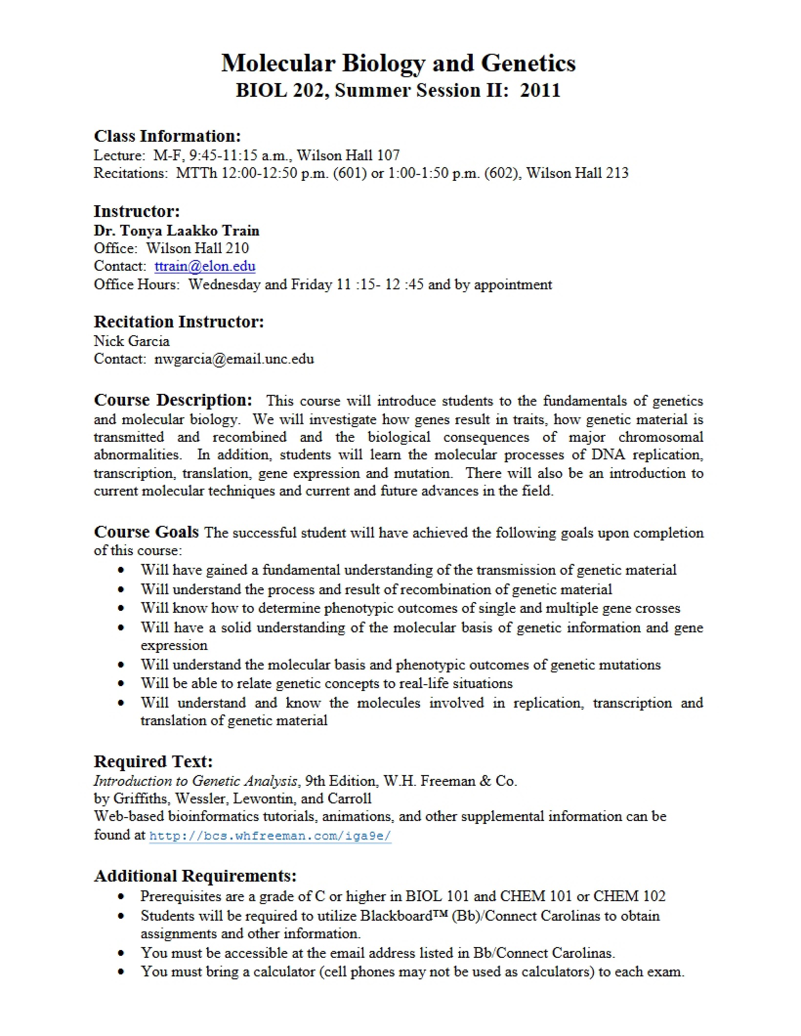 Molecular Biology Class Syllabus