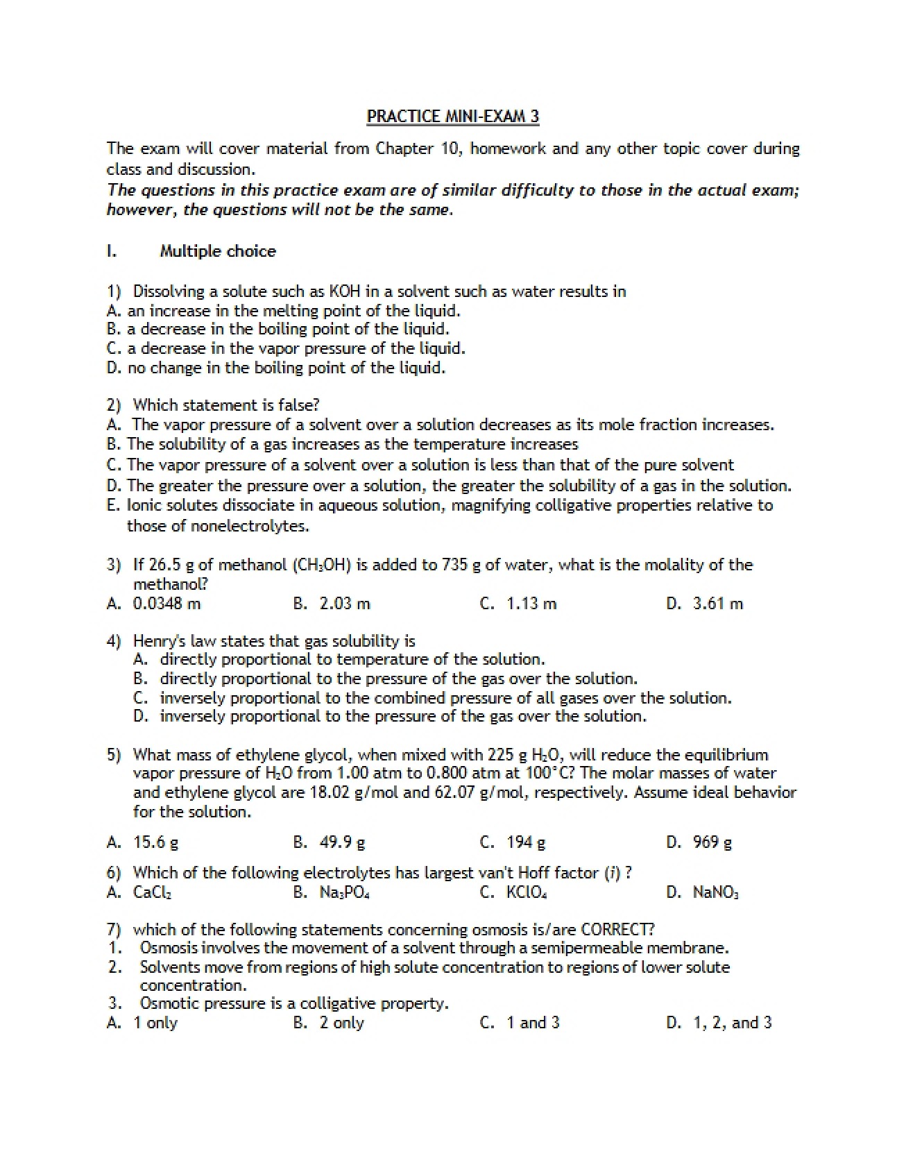 Practice Mini Exam 3 - CHEM 1125Q