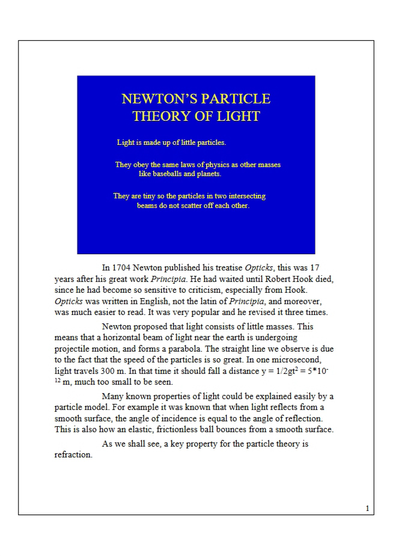 Particle Theory of Light (Newton)