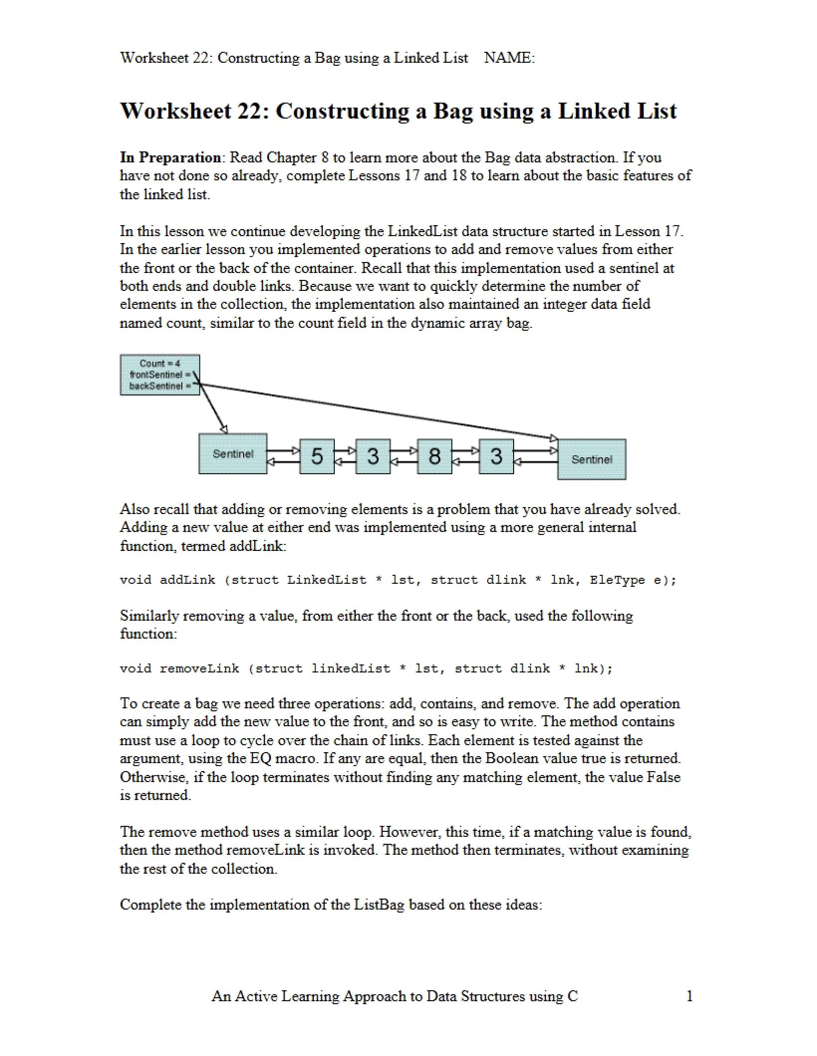 Linked List Bag Construction (Worksheet 22)