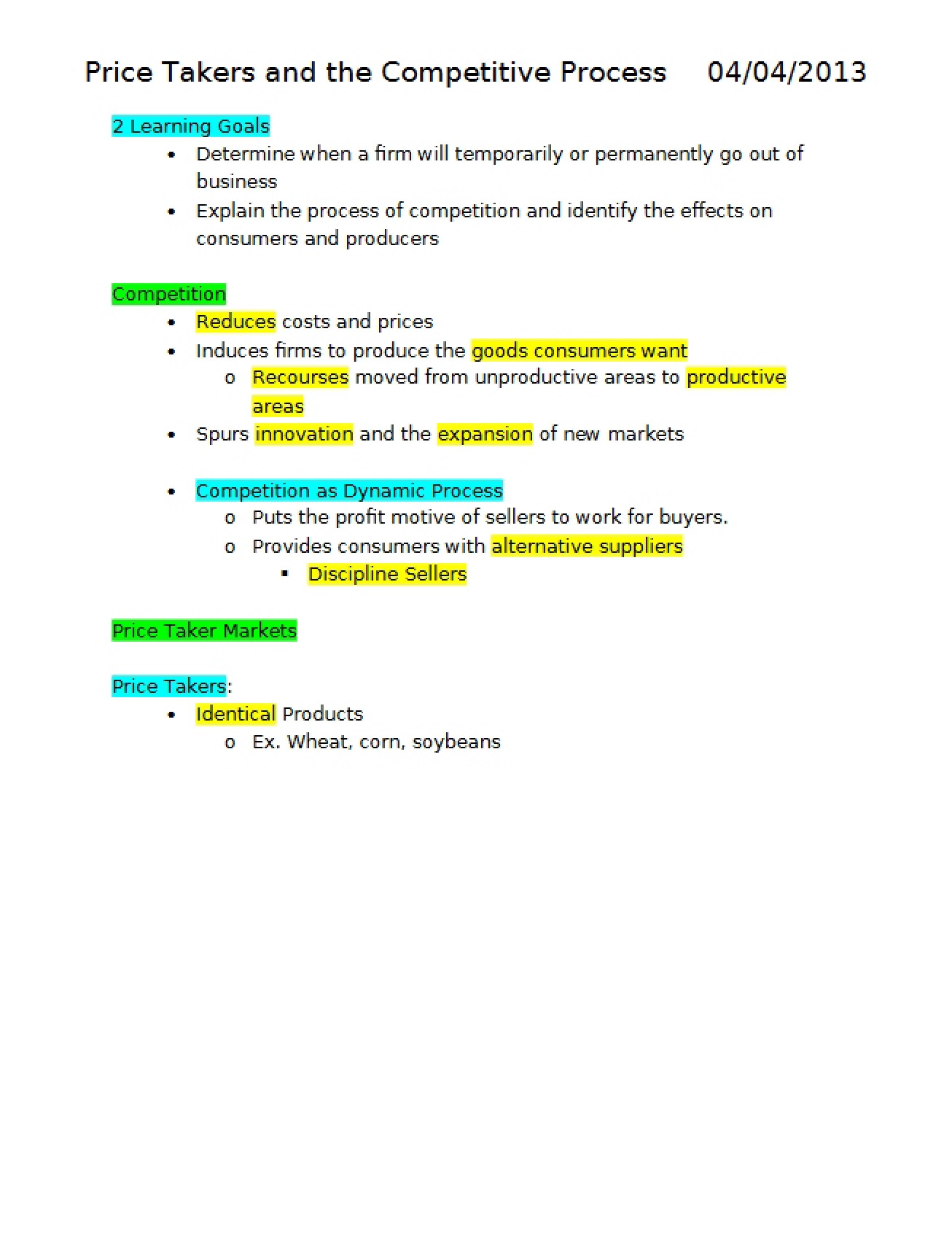 Competitive Process Involving Price Takers