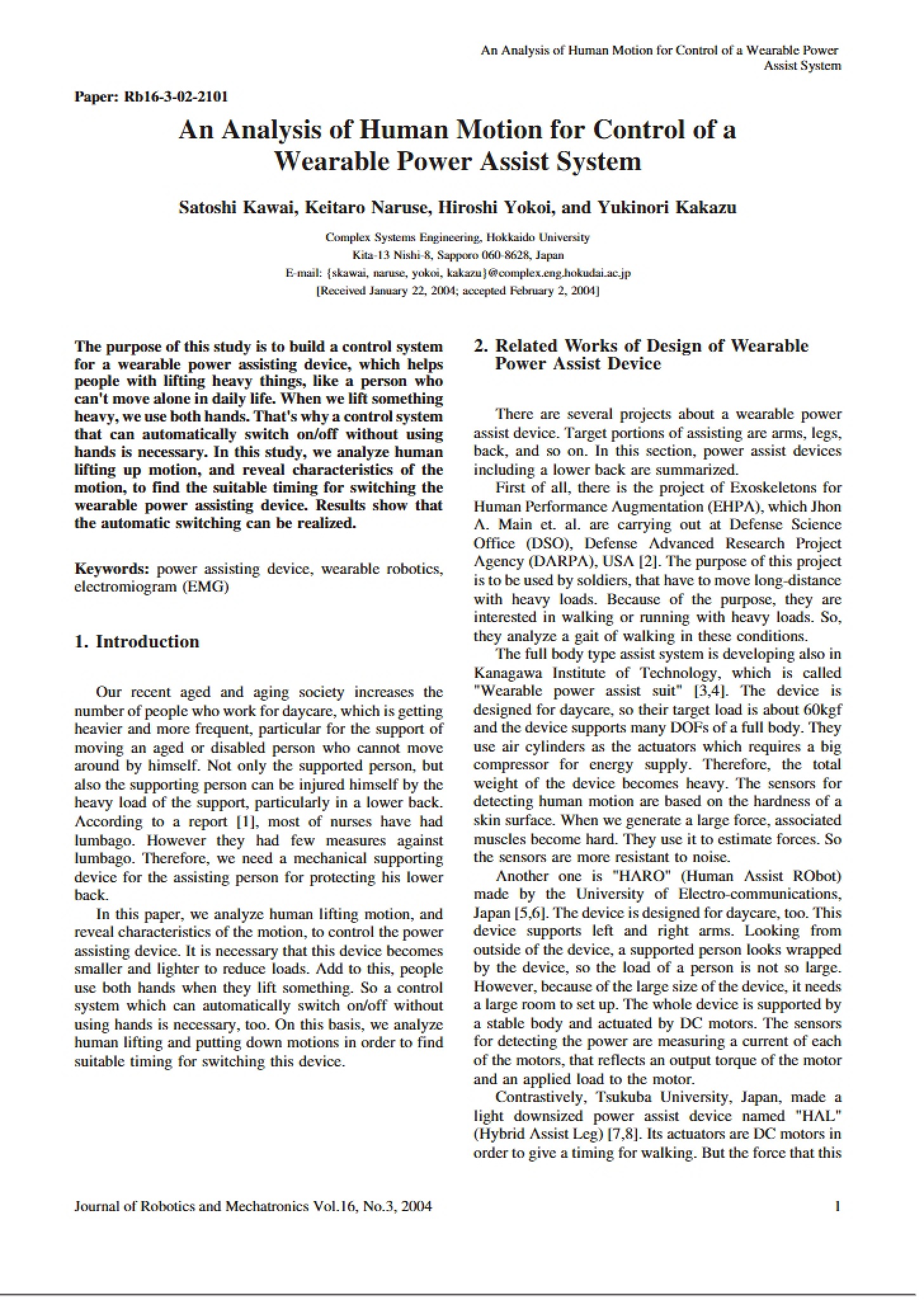 Wearable Power Assist System Control Human Motion Analysis