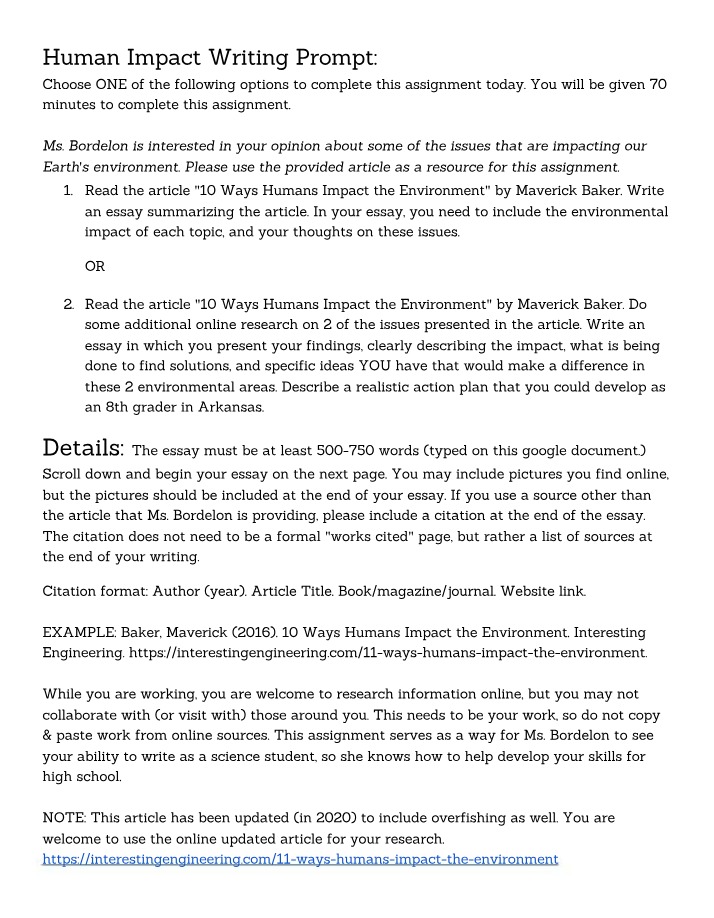 Writing Prompt Essay on Human Impact