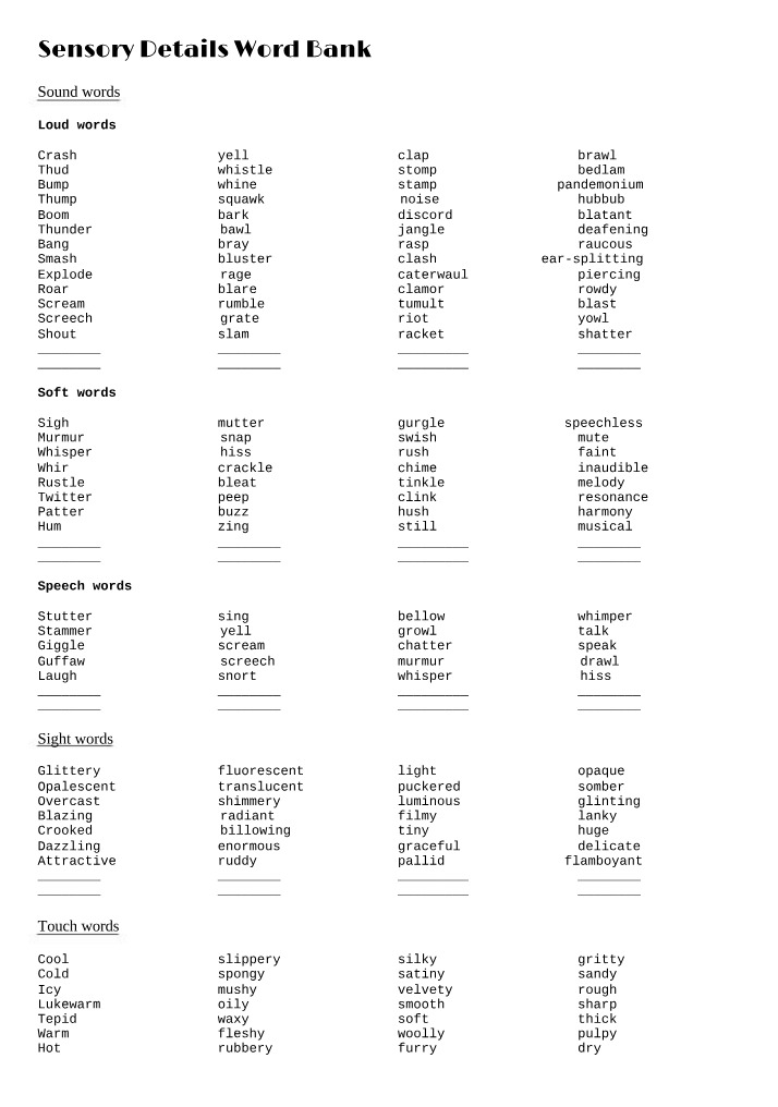 Word Bank - Sensory Details