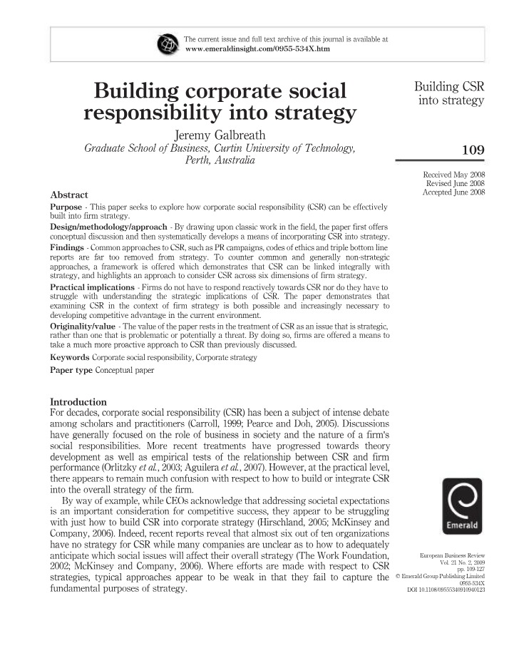 Strategy Building for Corporate Social Responsibility