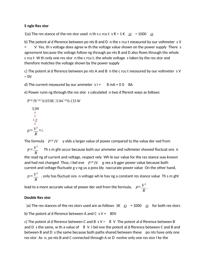 Resistance and Power of Single Resistors