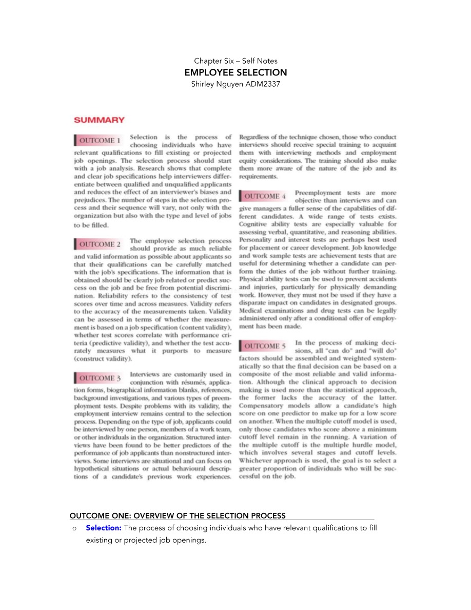 Employee Selection - Chapter 6 Self Notes