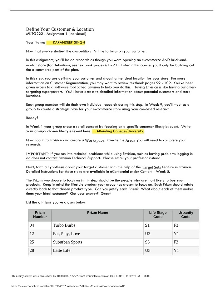 Assignment 2 - Define Your Customer and Location