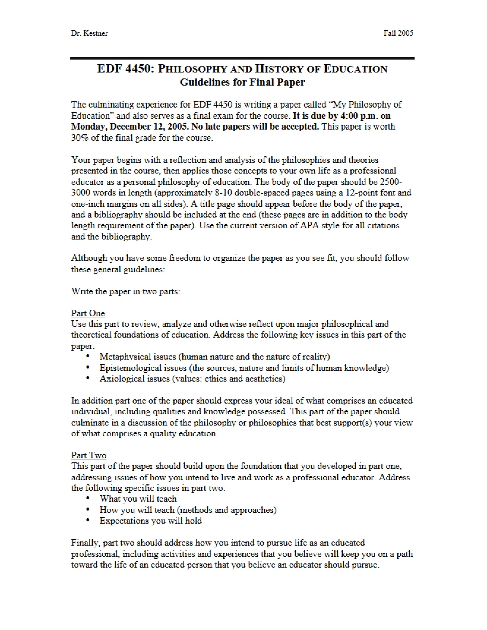 Guidelines for Final History of Education